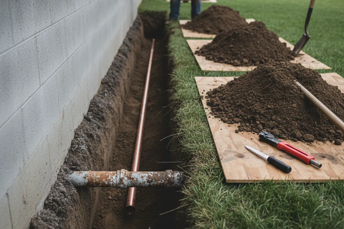 Excavated water line trench during Water Softener Installation in Hustonville